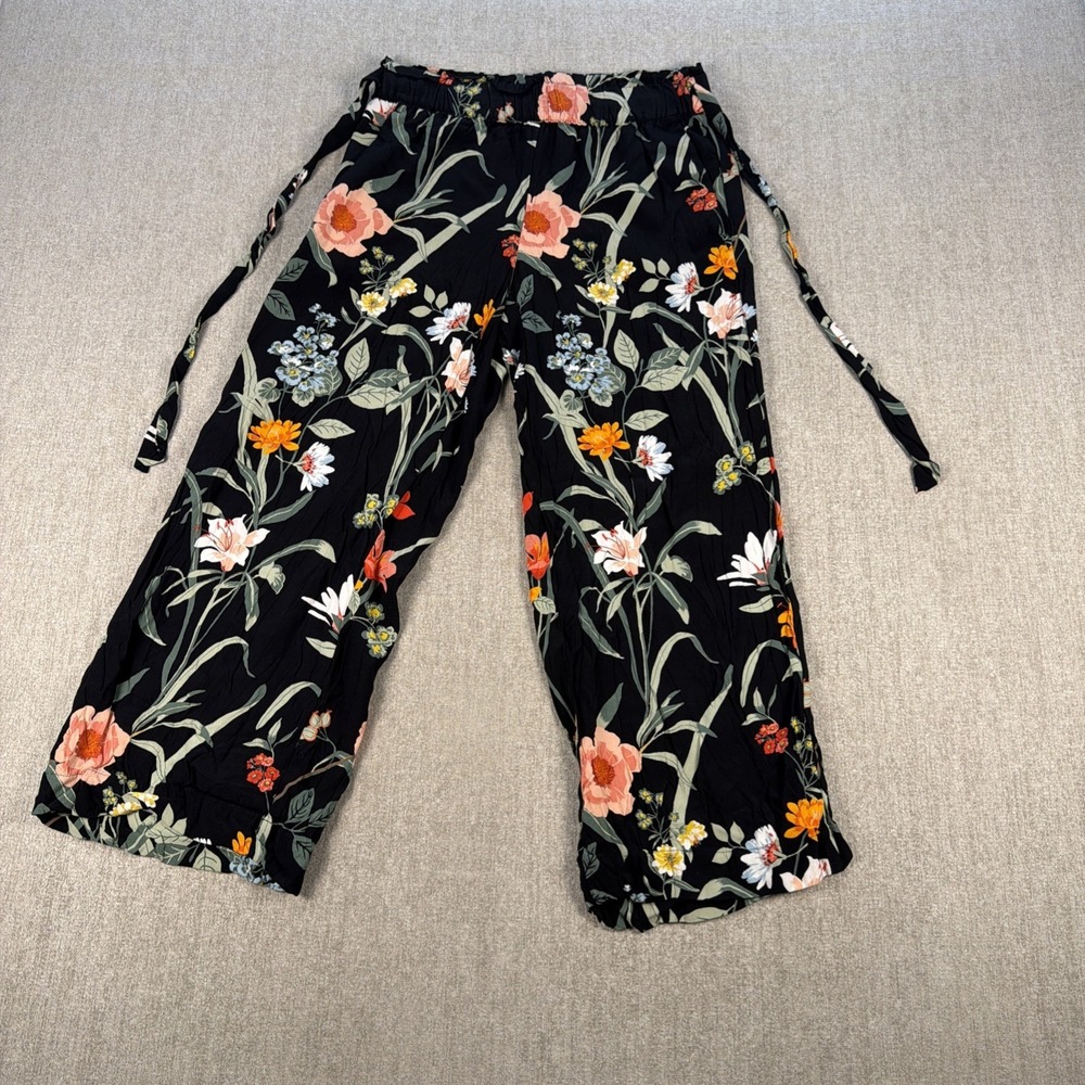 LOFT Pants Womens S Black Floral Wide Leg Cropped Paper Bag Waist Tie Pocket